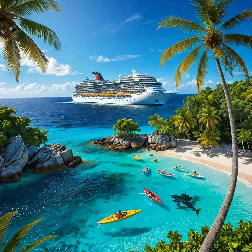 A serene ocean scene featuring a luxurious cruise ship gliding over crystal-clear waters, with families enjoying various activities on deck, like sunbathing and playing games. The background showcases stunning tropical islands with palm trees and sunlit beaches, embodying the essence of adventure and relaxation. Capture the joy of vacationing through vibrant colors and inviting atmosphere. super-realistic. vibrant colors. 3D.