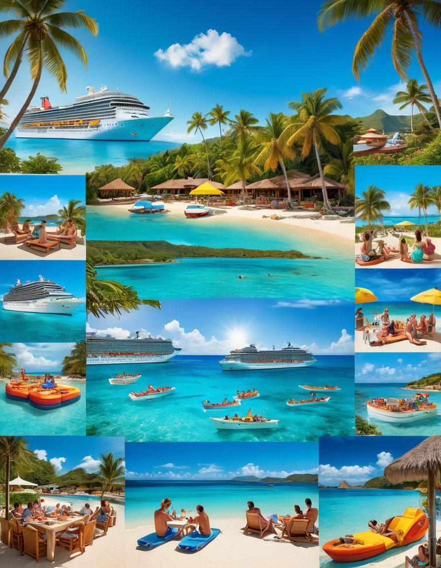 A vibrant collage showcasing diverse cruise ships sailing in crystal-clear blue waters, with happy families enjoying various activities onboard, such as dining, swimming, and exploring. The background features tropical islands and sunset skies, symbolizing adventure and relaxation. Include playful elements like beach toys and a map with highlighted itineraries. super-realistic. vibrant colors. beach-themed.